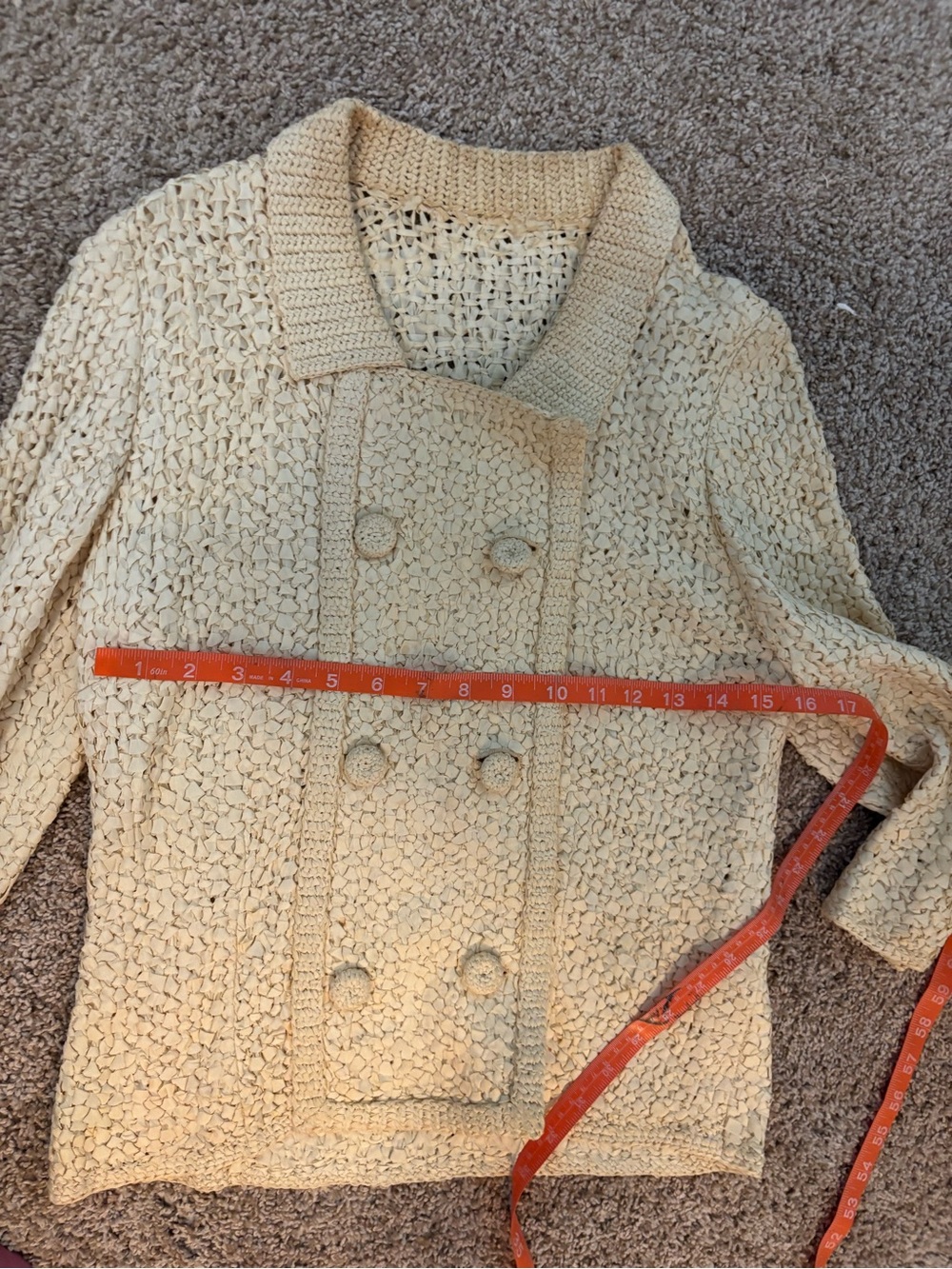 Vintage 60s Hand Crocheted Ribbon Raffia Suit Set Cream Jacket Skirt Italian - Picture 11 of 13